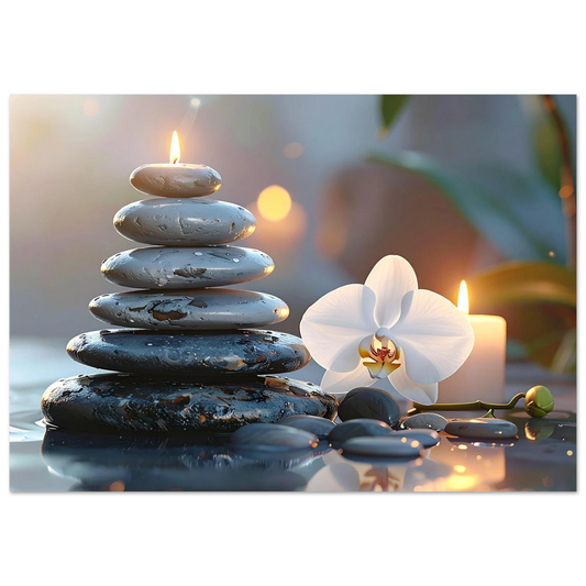 Peaceful scene of stacked Zen stones, a white orchid blossom, and soft candlelight glow on a dark background .