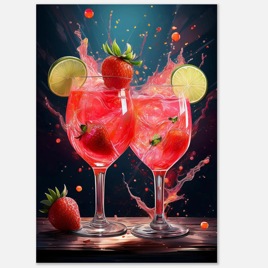 Two orange and red strawberry spritz cocktails splashing with energy and bright colors.