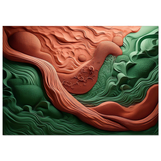 Detail of heavy texture on an abstract canvas showing sculpted shapes in moss green, terracotta, and sand colors.