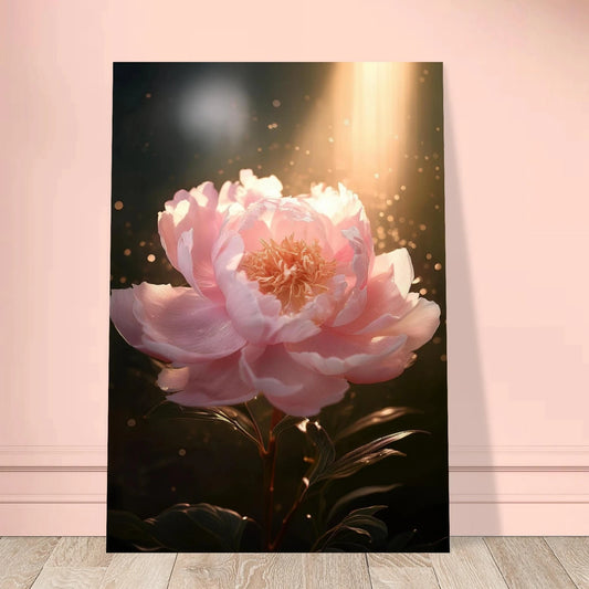 Macro photography of a pink peony flower with sunlight shining through translucent petals and golden light motes.