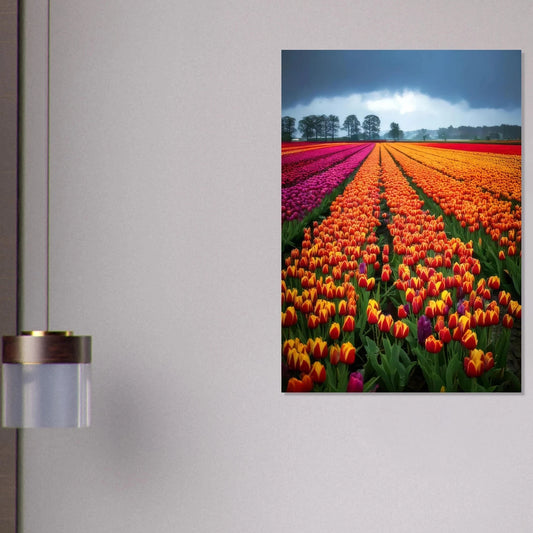 A wide field of vibrant red, yellow, and purple tulips glistening with raindrops under a soft, overcast spring sky.