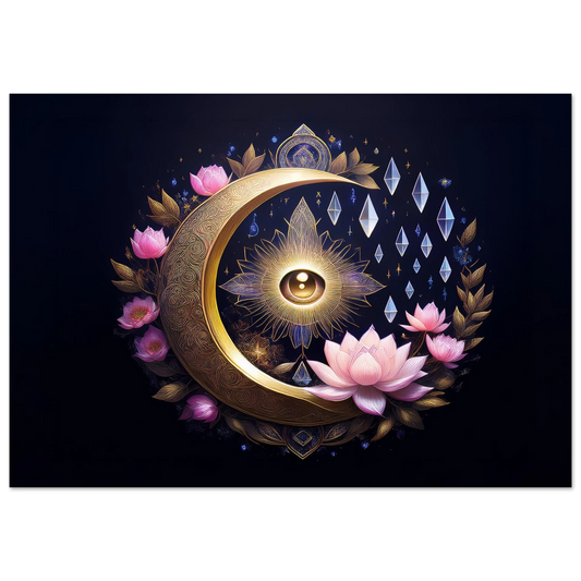 Gold leaf crescent moon with a mystical eye and lotus flowers on a dark textured background