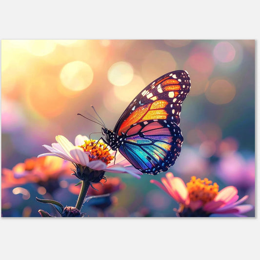 High-detail macro photography of an iridescent butterfly on a flower, vibrant nature wall art.