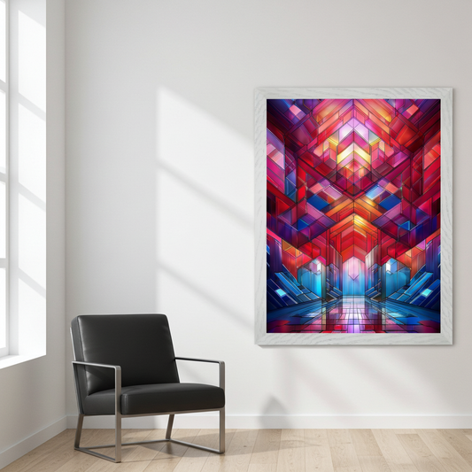 Bold maximalist, abstract pattern, interlocking geometric shapes, vibrant jewel tones of ruby, amber, and sapphire, clean lines inspired by modern stained glass, energetic and sophisticated