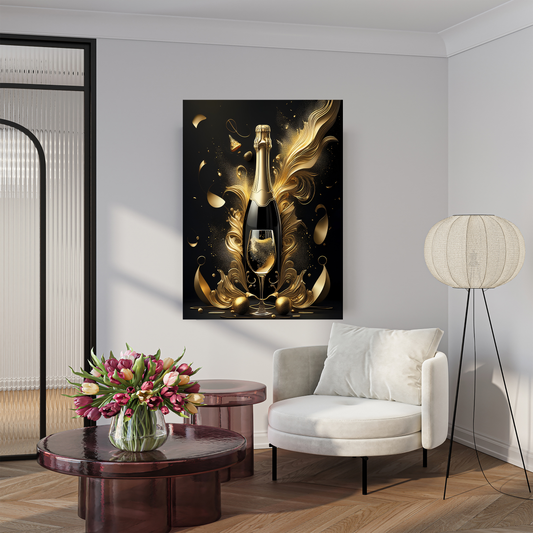 Champagne Celebration Gold Sparkle Bar Cart Art - Modern Kitchen Decor