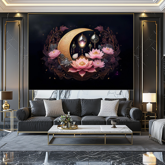 Gilded Celestial Moon and Starscape Lotus Wall Art