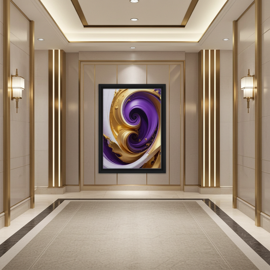 Celestial Motion Gold and Purple Abstract Art - Luxury Fluid Decor