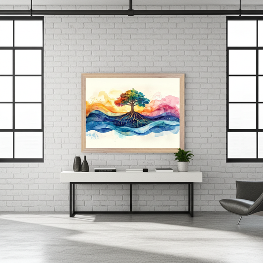 Wall art- A tree with roots turning into watercolor waves