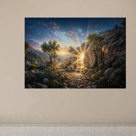 Digital painting of the empty stone tomb of Jesus with bright light shining out and a peaceful garden landscape.