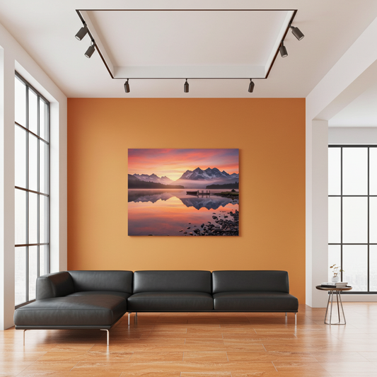 Mountain River Mirror : Where Snow Meets Sunset Canvas Wall Art