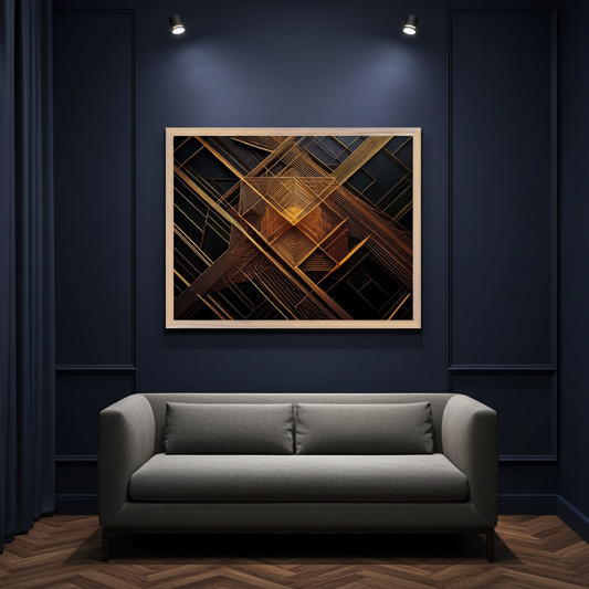 High-resolution flat front-facing view of an intricate geometric web composed of fine gold and bronze lines forming sharp concentric pyramid shapes on a dark background.