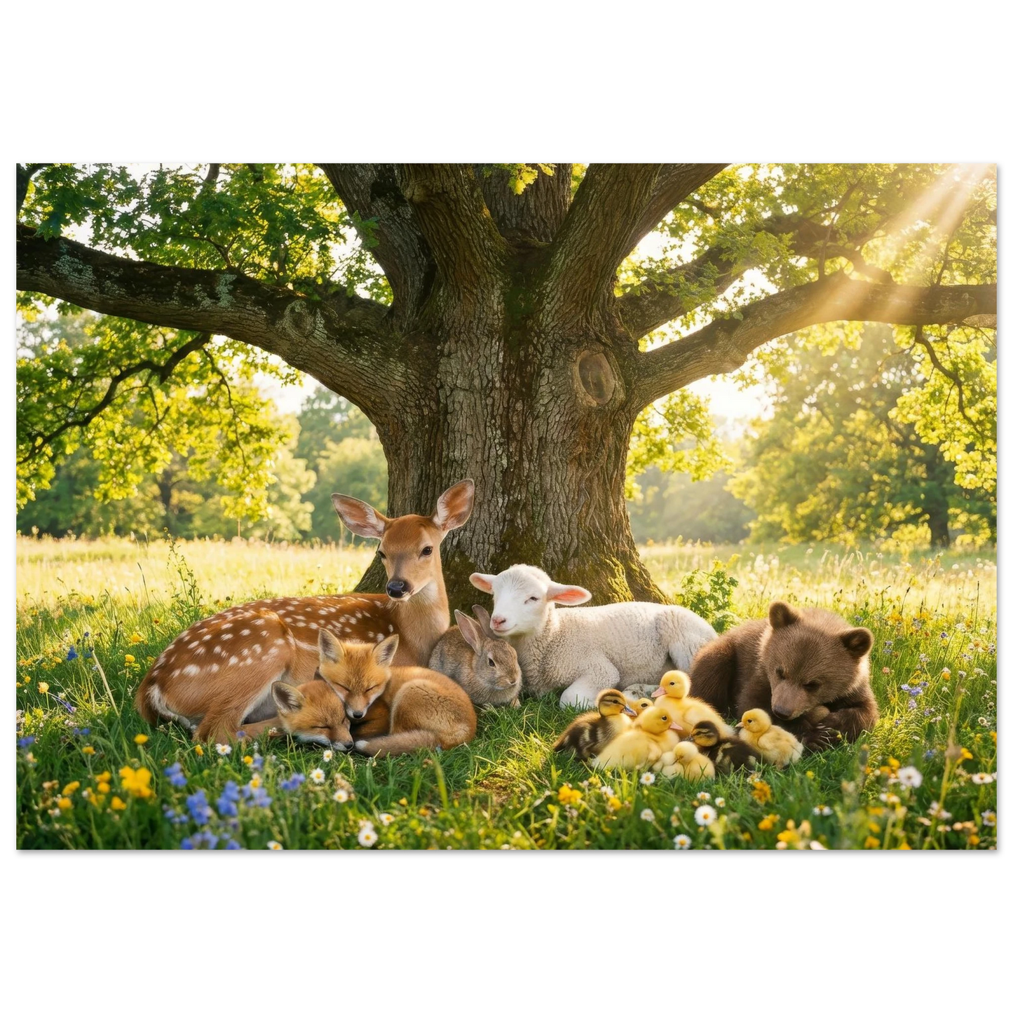 Animals including a deer, lamb, bear, and chicks under a large tree in a field.