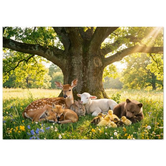 Animals including a deer, lamb, bear, and chicks under a large tree in a field.