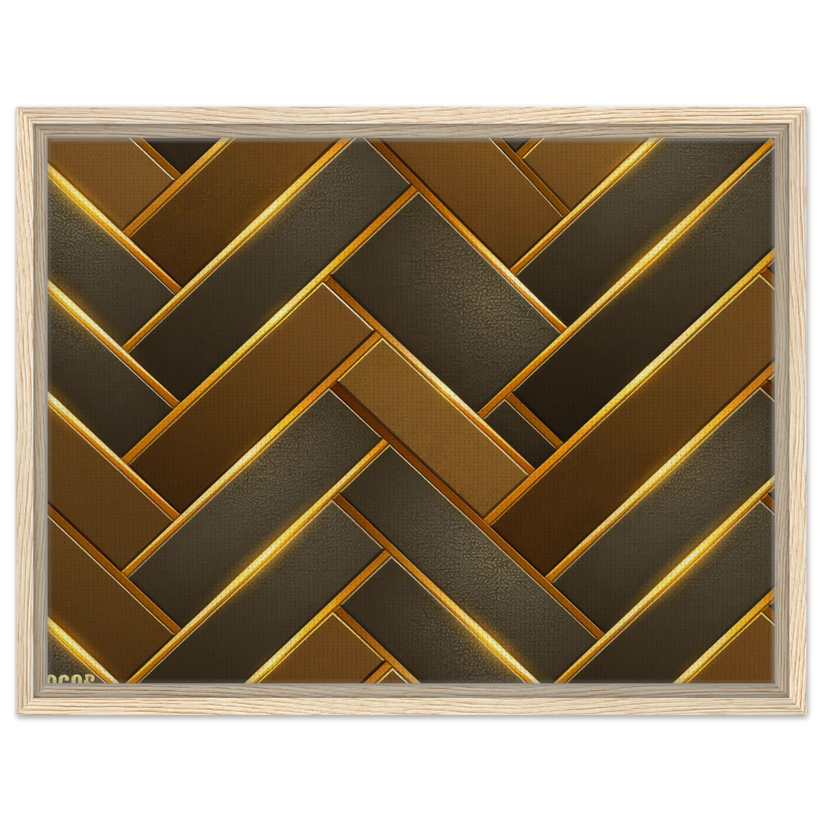 Framed wall art featuring a geometric herringbone pattern in metallic gold and dark bronze tones, set in a light natural wood frame against a white background.