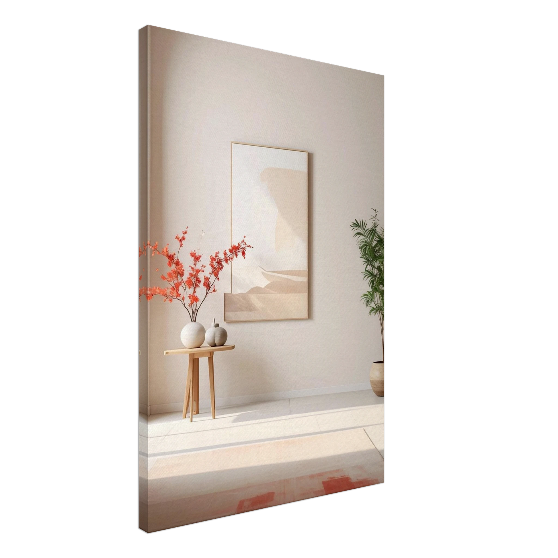 Framed mirror with a decorative scene of a table with flowers and a painting on a wall.