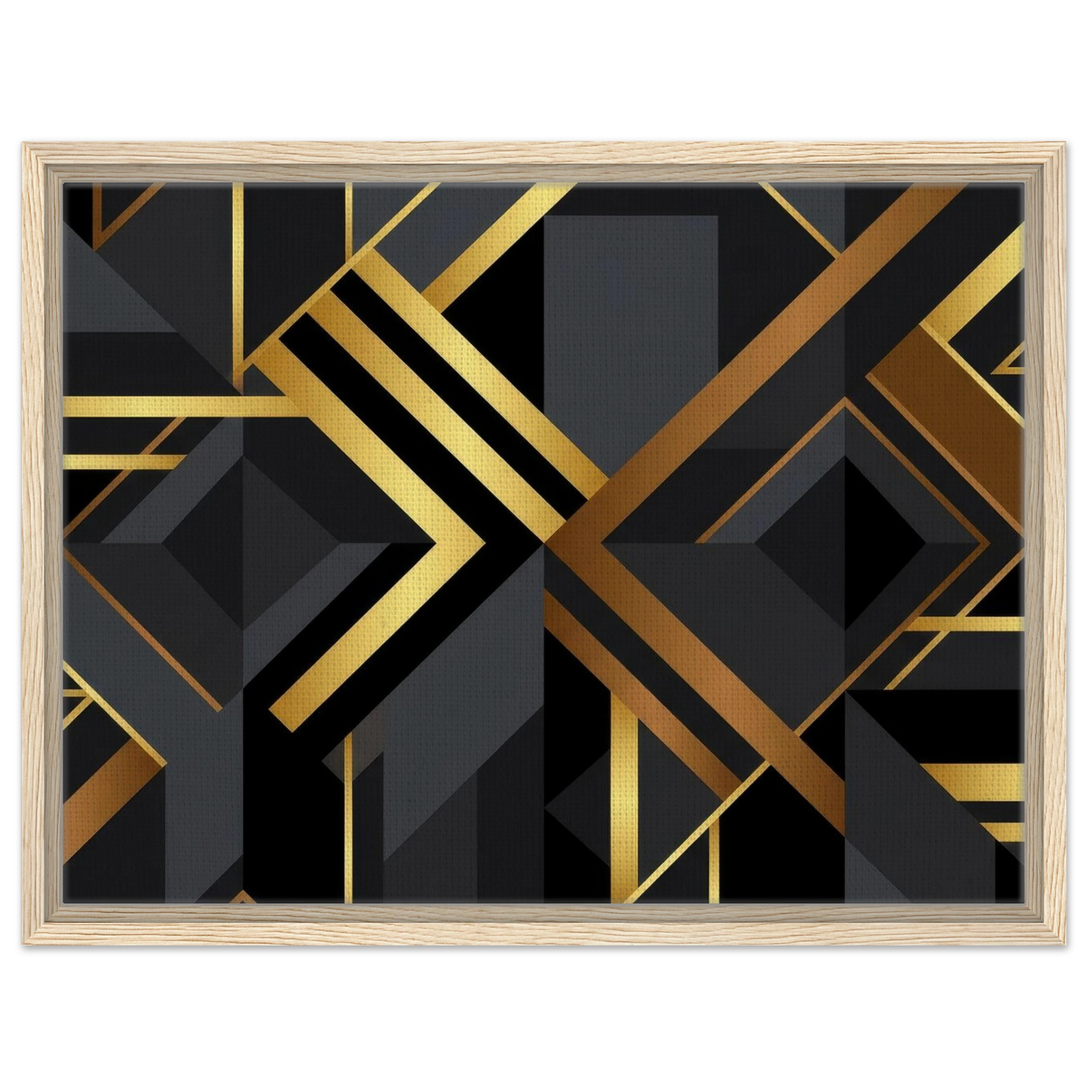 Framed wall art featuring a modern geometric art deco design with black and dark gray shapes outlined in metallic gold and bronze, set in a light natural wood frame against a white background.