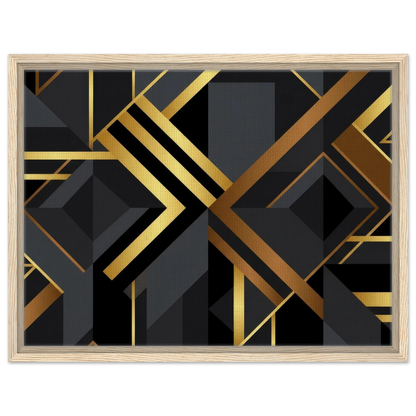 Framed wall art featuring a modern geometric art deco design with black and dark gray shapes outlined in metallic gold and bronze, set in a light natural wood frame against a white background.