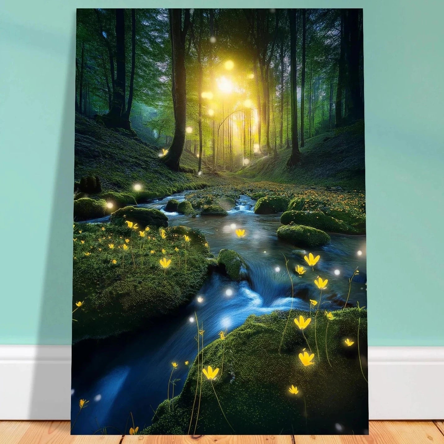 A magical forest scene with a clear brook, mossy stones, yellow wildflowers, and glowing light orbs under a sunlit tree canopy.