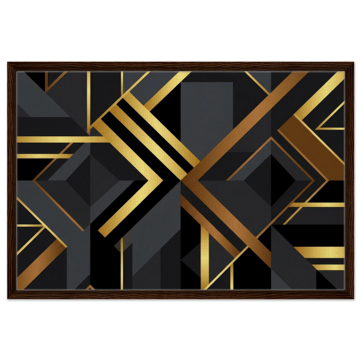 A framed abstract art print featuring a bold geometric Art Deco design in black, dark gray, and metallic gold, enclosed in a dark brown wood frame against a plain white background.