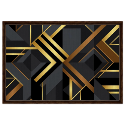 A framed abstract art print featuring a bold geometric Art Deco design in black, dark gray, and metallic gold, enclosed in a dark brown wood frame against a plain white background.