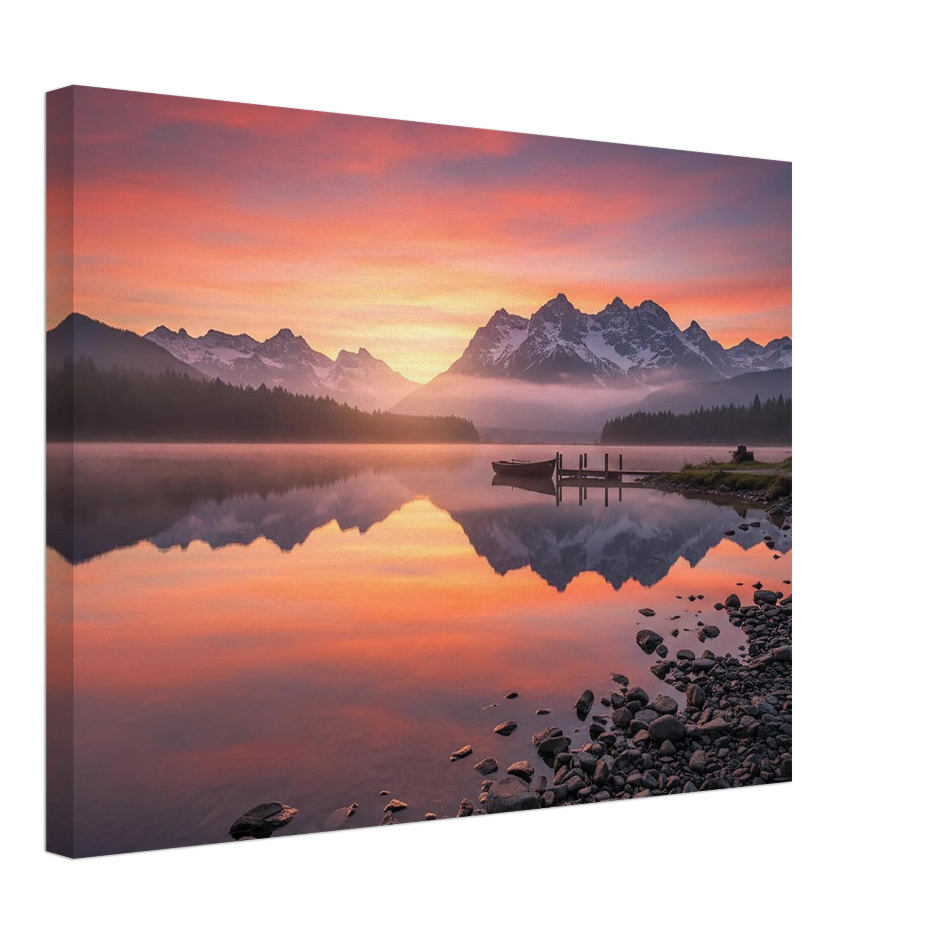 Canvas print of a mountain landscape with a lake and pink sky.