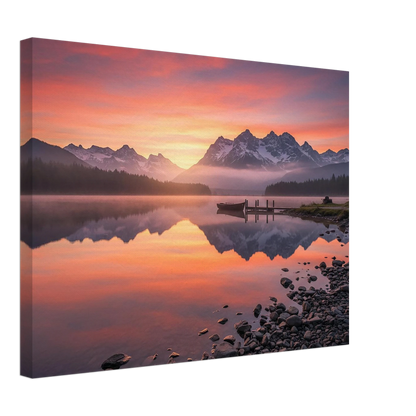 Canvas print of a mountain landscape with a lake and pink sky.