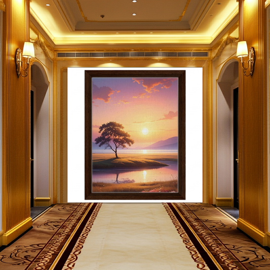 Serene Sunset Solitude - Lone Tree Landscape Canvas Wall Art
