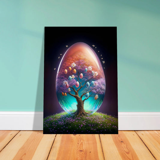 A glowing egg containing a blooming pink tree, standing in a field of purple flowers