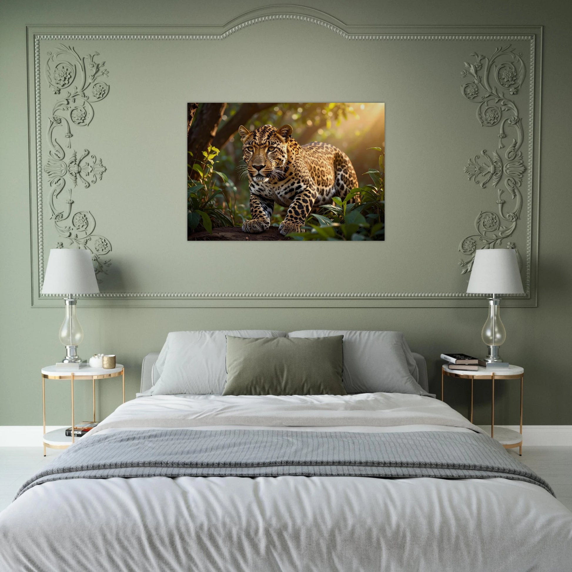 A close-up, highly detailed realistic leopard canvas print highlighting the intricate spots and piercing eyes of the cat against a natural background.