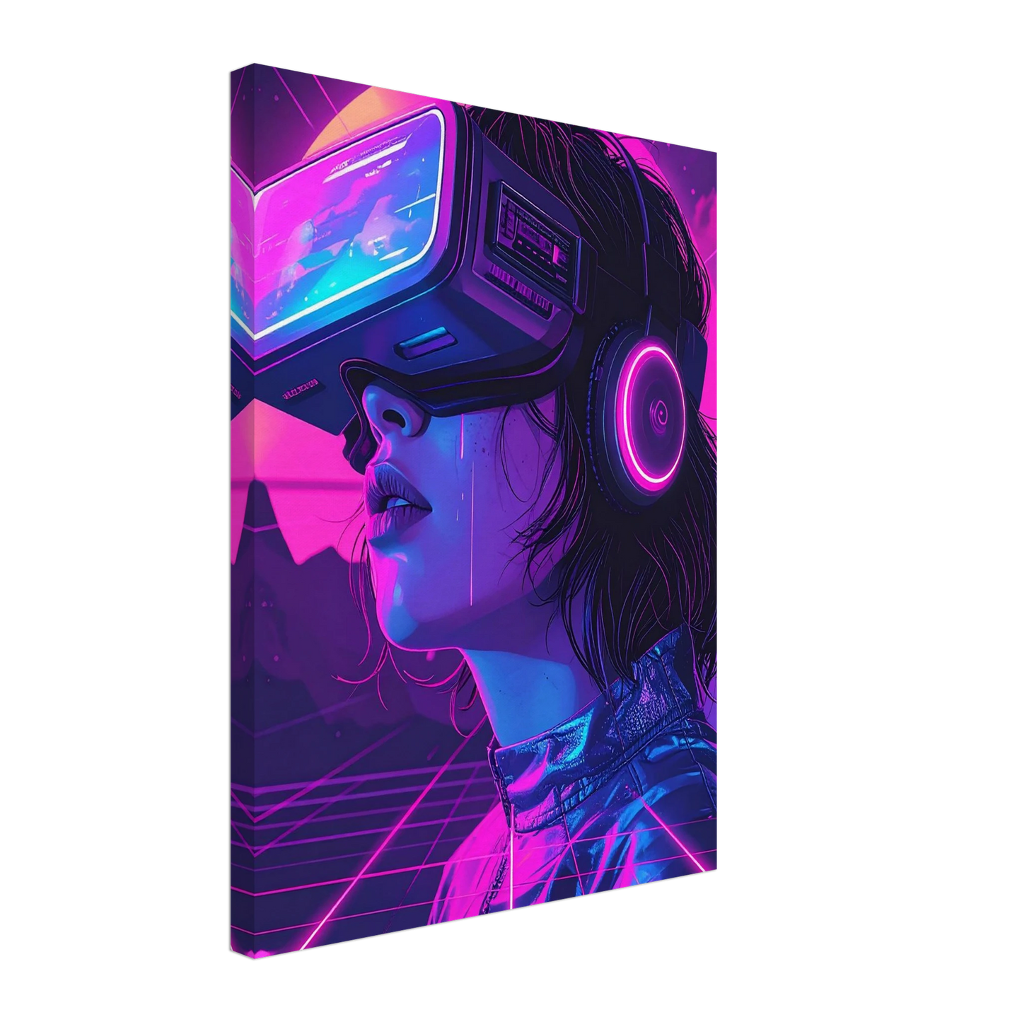 Canvas print of a futuristic woman wearing VR goggles with vibrant purple and pink colors.