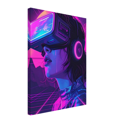 Canvas print of a futuristic woman wearing VR goggles with vibrant purple and pink colors.