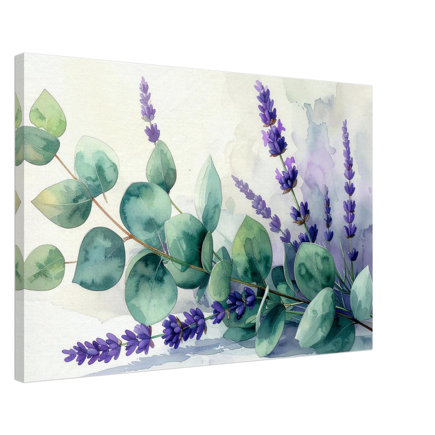 Canvas print with green leaves and purple flowers on a white background