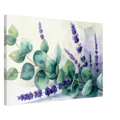 Canvas print with green leaves and purple flowers on a white background