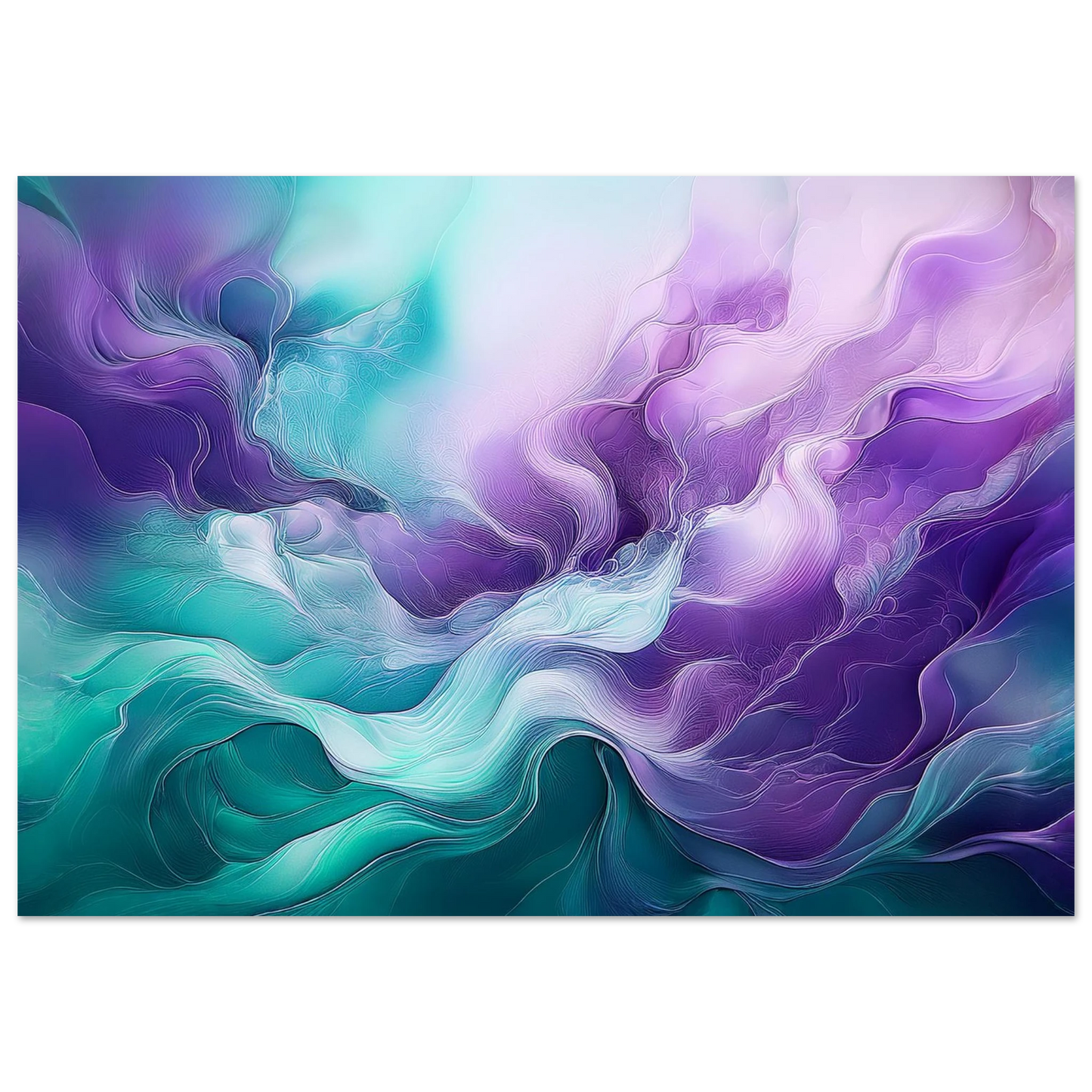 Vertical abstract painting with flowing translucent shapes in pale pinks and teals, looking almost lit from within.