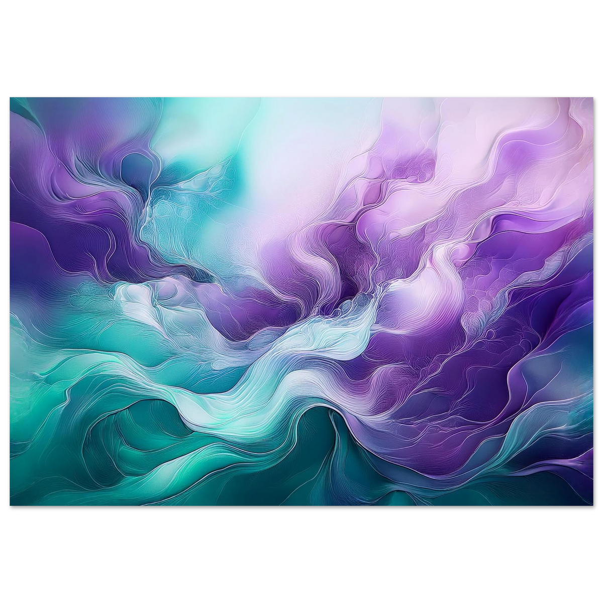 Vertical abstract painting with flowing translucent shapes in pale pinks and teals, looking almost lit from within.