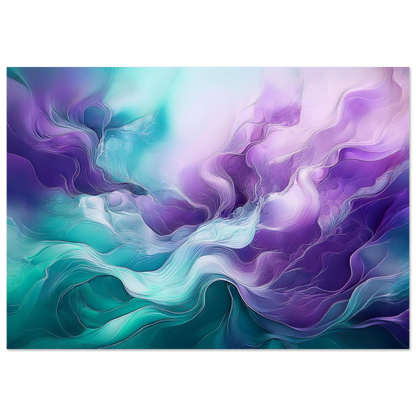 Vertical abstract painting with flowing translucent shapes in pale pinks and teals, looking almost lit from within.