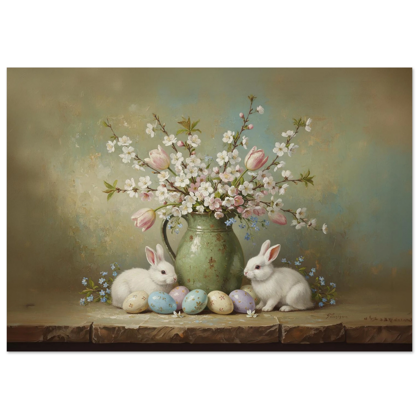 Two white rabbits sitting on a wooden surface next to a green vase of white blossoms and colorful Easter eggs.