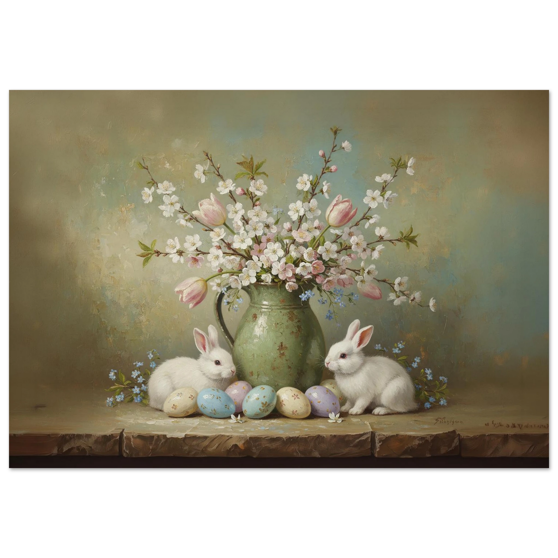 Two white rabbits sitting on a wooden surface next to a green vase of white blossoms and colorful Easter eggs.