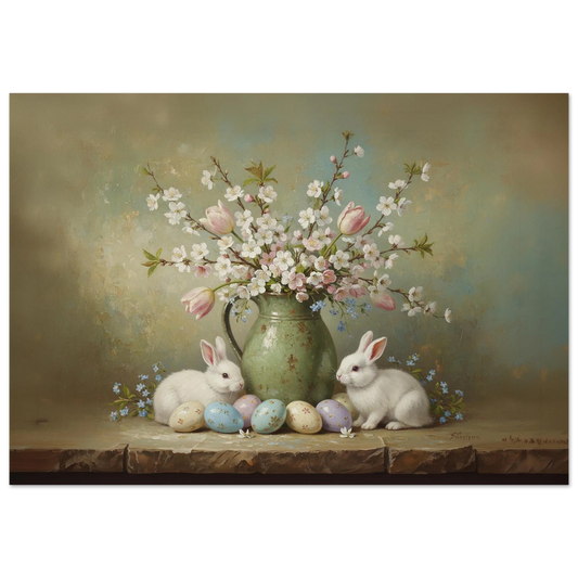 Two white rabbits sitting on a wooden surface next to a green vase of white blossoms and colorful Easter eggs.