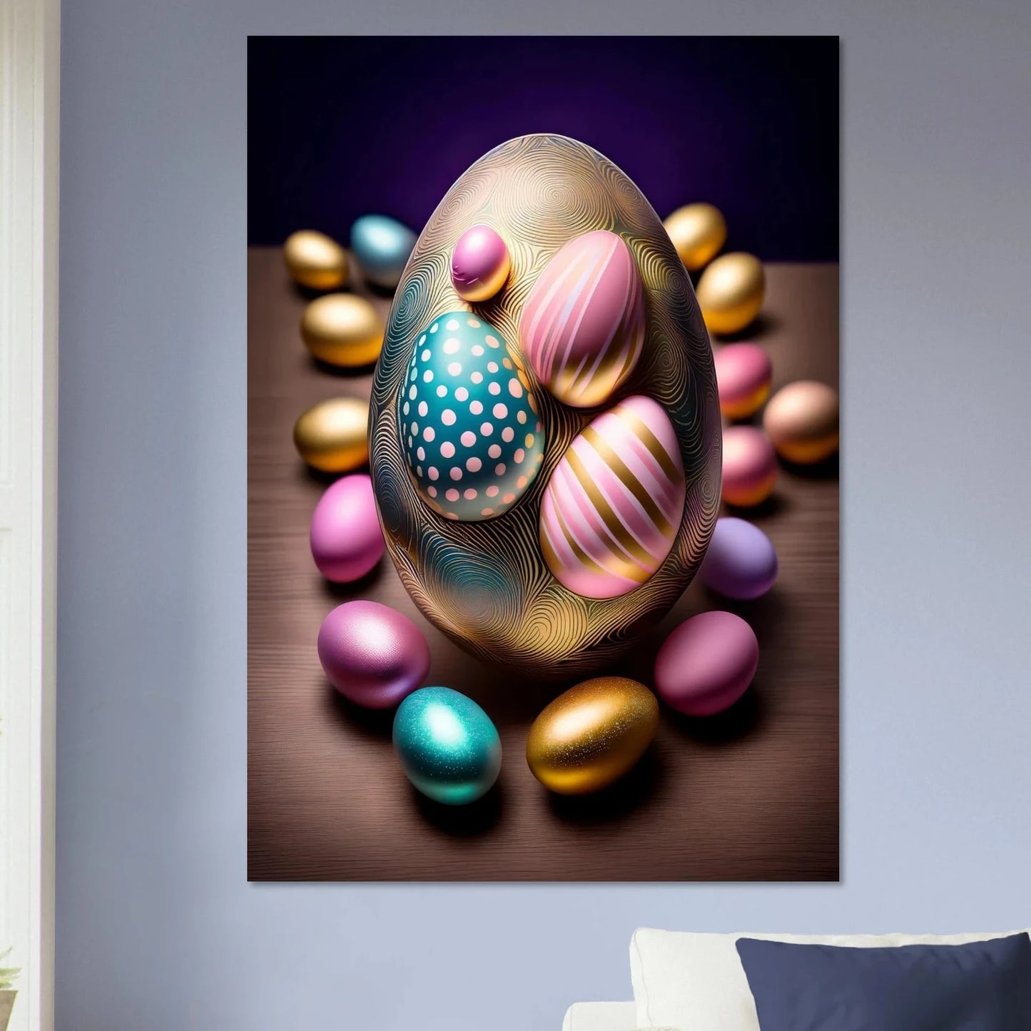 A large golden Easter egg with blue and white polka dot patterns surrounded by smaller colorful pastel eggs.