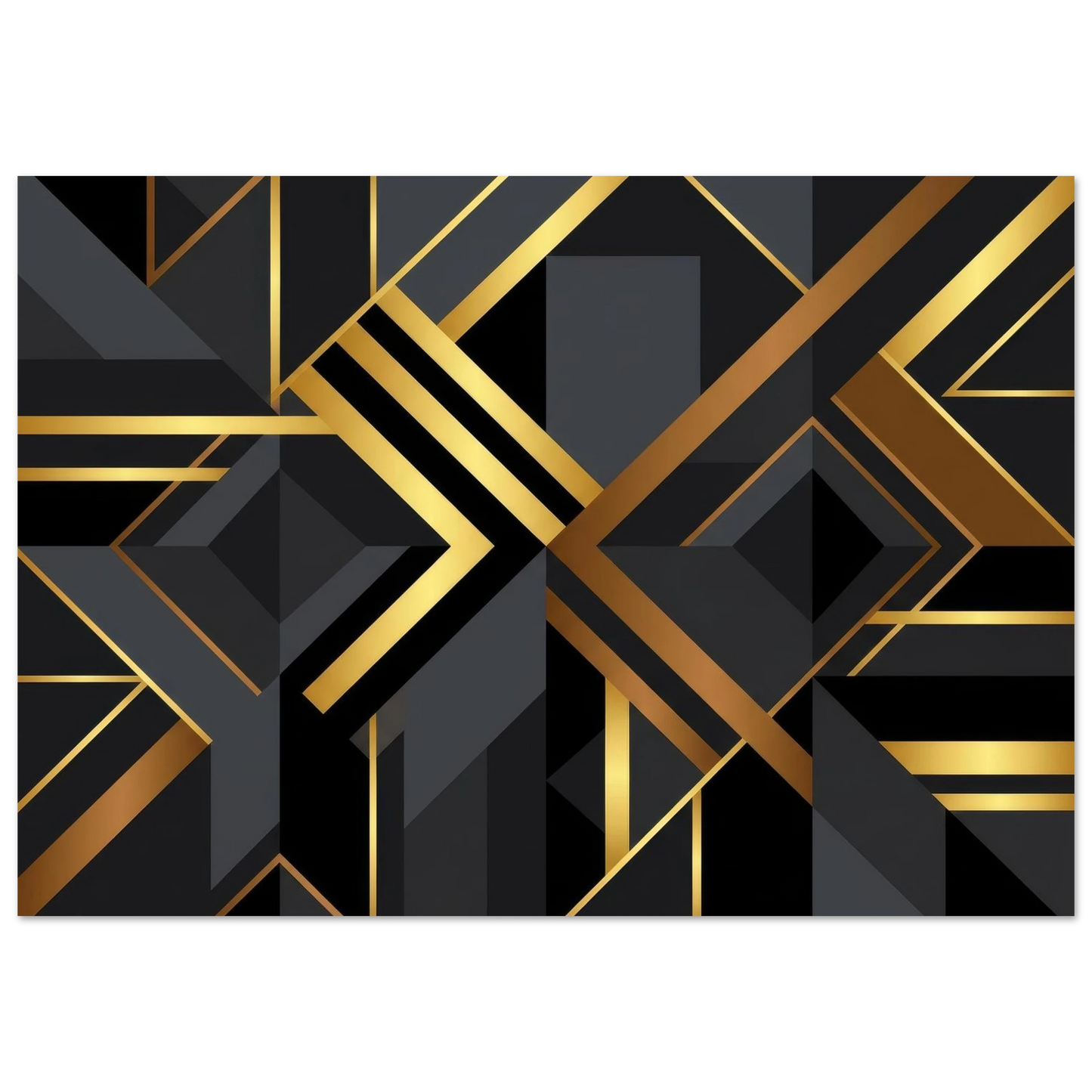 2D view of wide chevron patterns and sharp geometric prisms in dark gray, charcoal, and shimmering metallic gold bands.