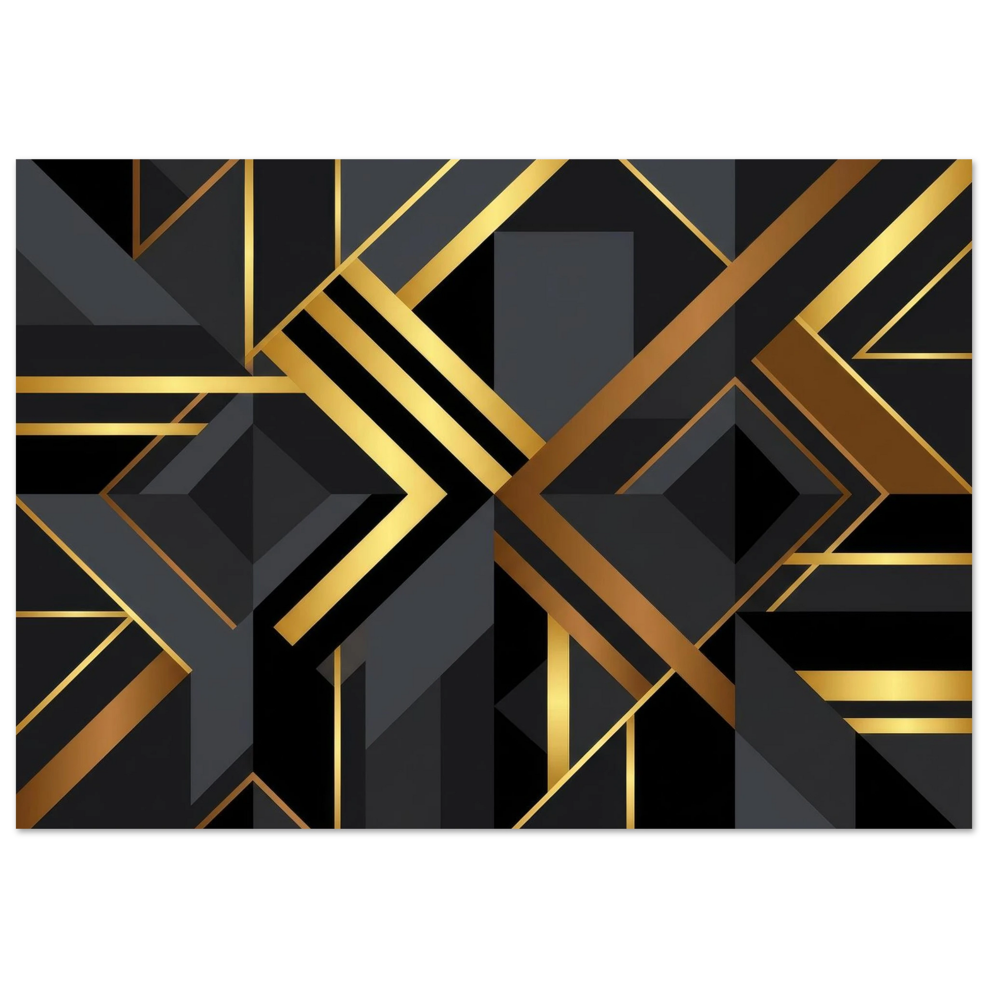 2D view of wide chevron patterns and sharp geometric prisms in dark gray, charcoal, and shimmering metallic gold bands.