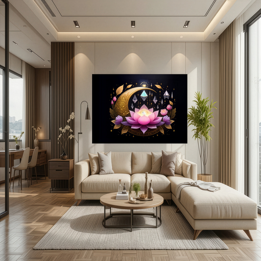 Bohemian Crescent Moon and Sacred Lotus Blossom Wall Art