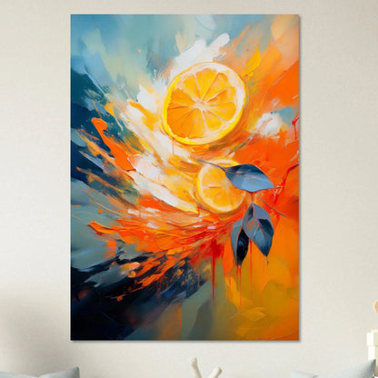 Abstract palette knife painting with thick textures of orange, yellow, and white representing spring citrus blossoms.