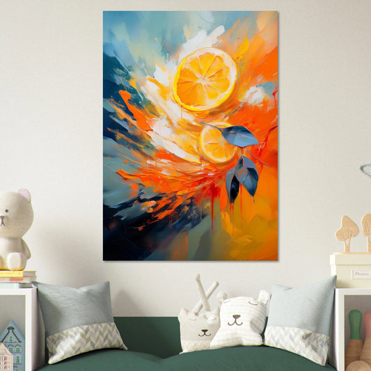 Abstract palette knife painting with thick textures of orange, yellow, and white representing spring citrus blossoms.