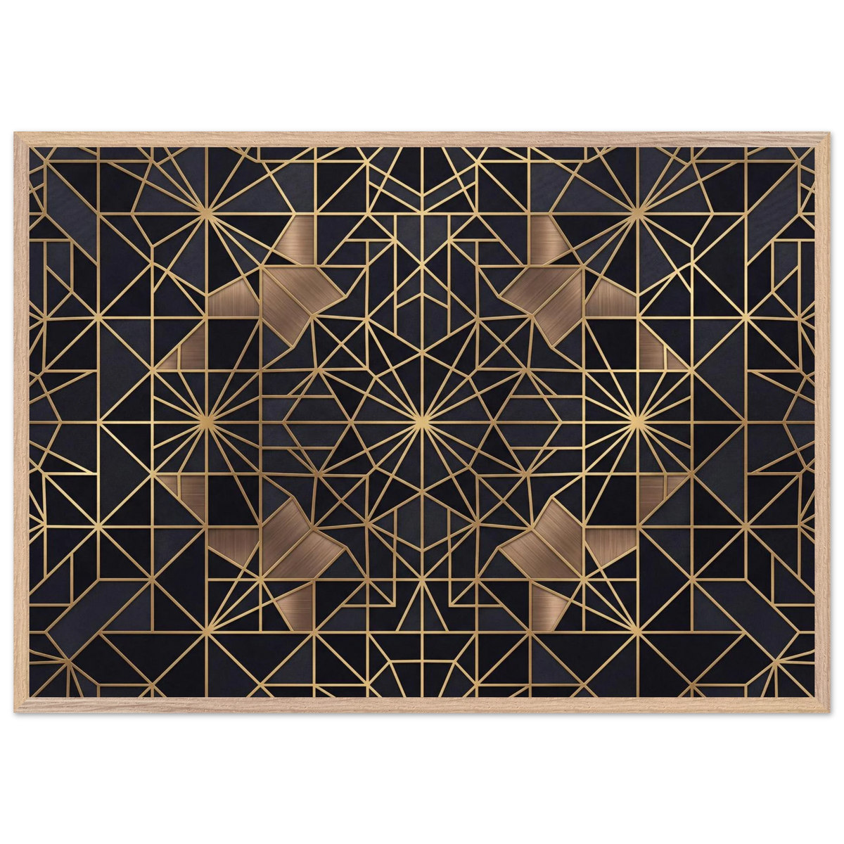 The Obsidian Art Deco geometric wooden framed poster in natural wood frame
