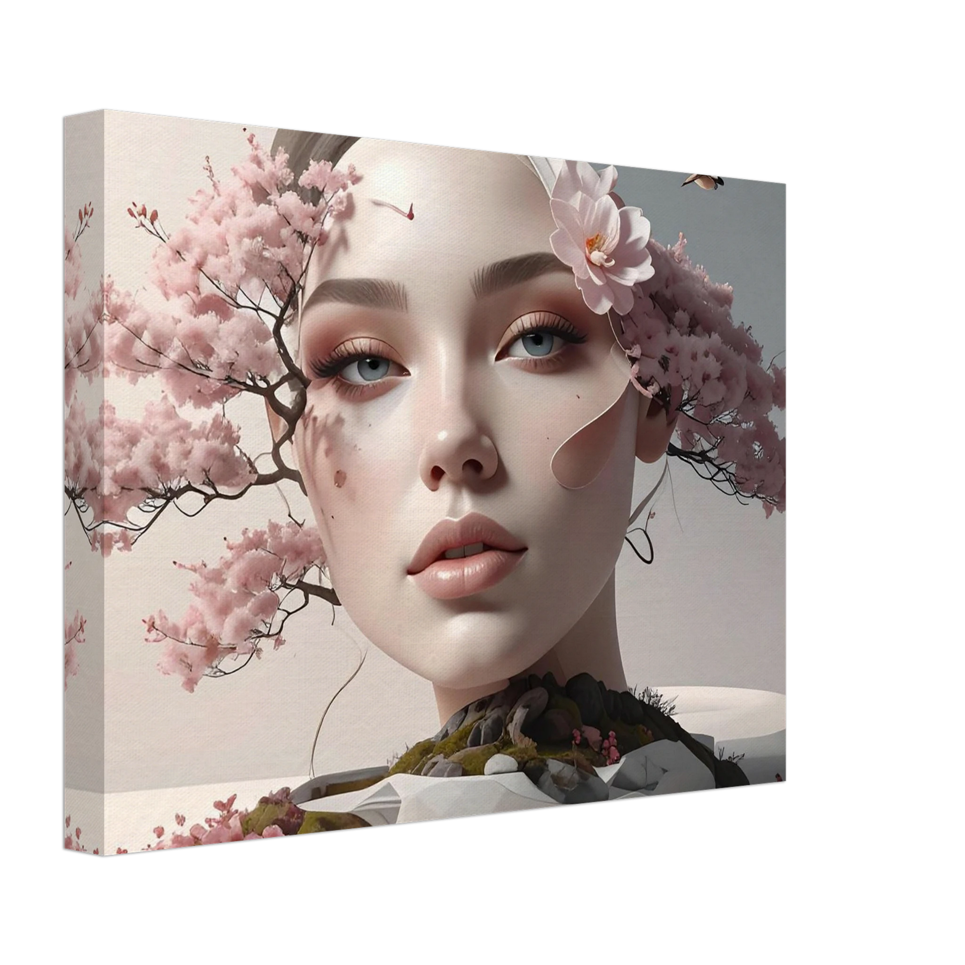Canvas print with a stylized face surrounded by cherry blossoms on a light background
