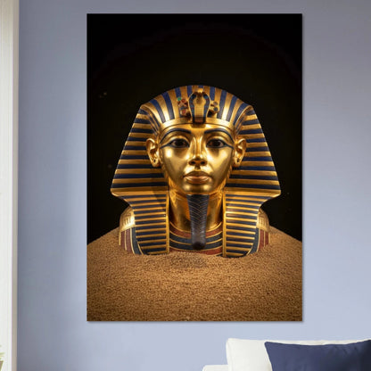 Close-up of King Tutankhamun's golden funerary mask buried in sand with a solid black background, high-contrast Egyptian wall art.

