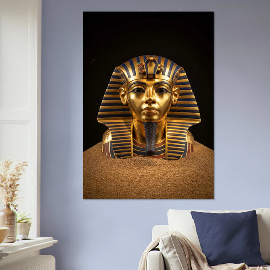 Close-up of King Tutankhamun's golden funerary mask buried in sand with a solid black background, high-contrast Egyptian wall art.

