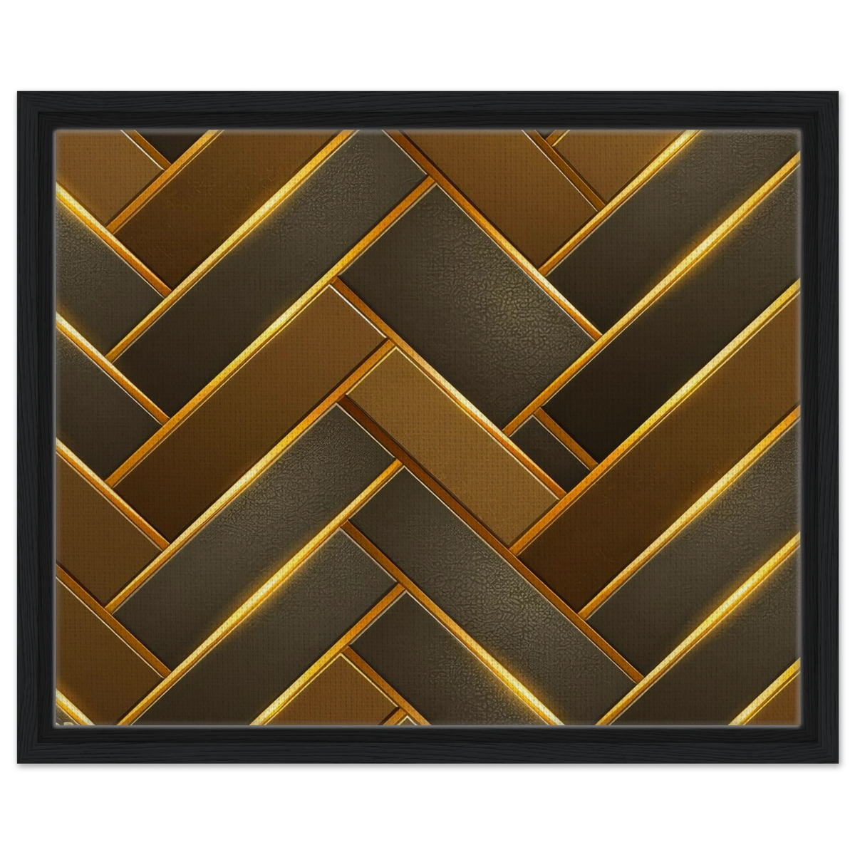 Framed wall art featuring a geometric herringbone pattern in metallic gold, bronze, and dark brown tones, enclosed in a black frame against a white background.